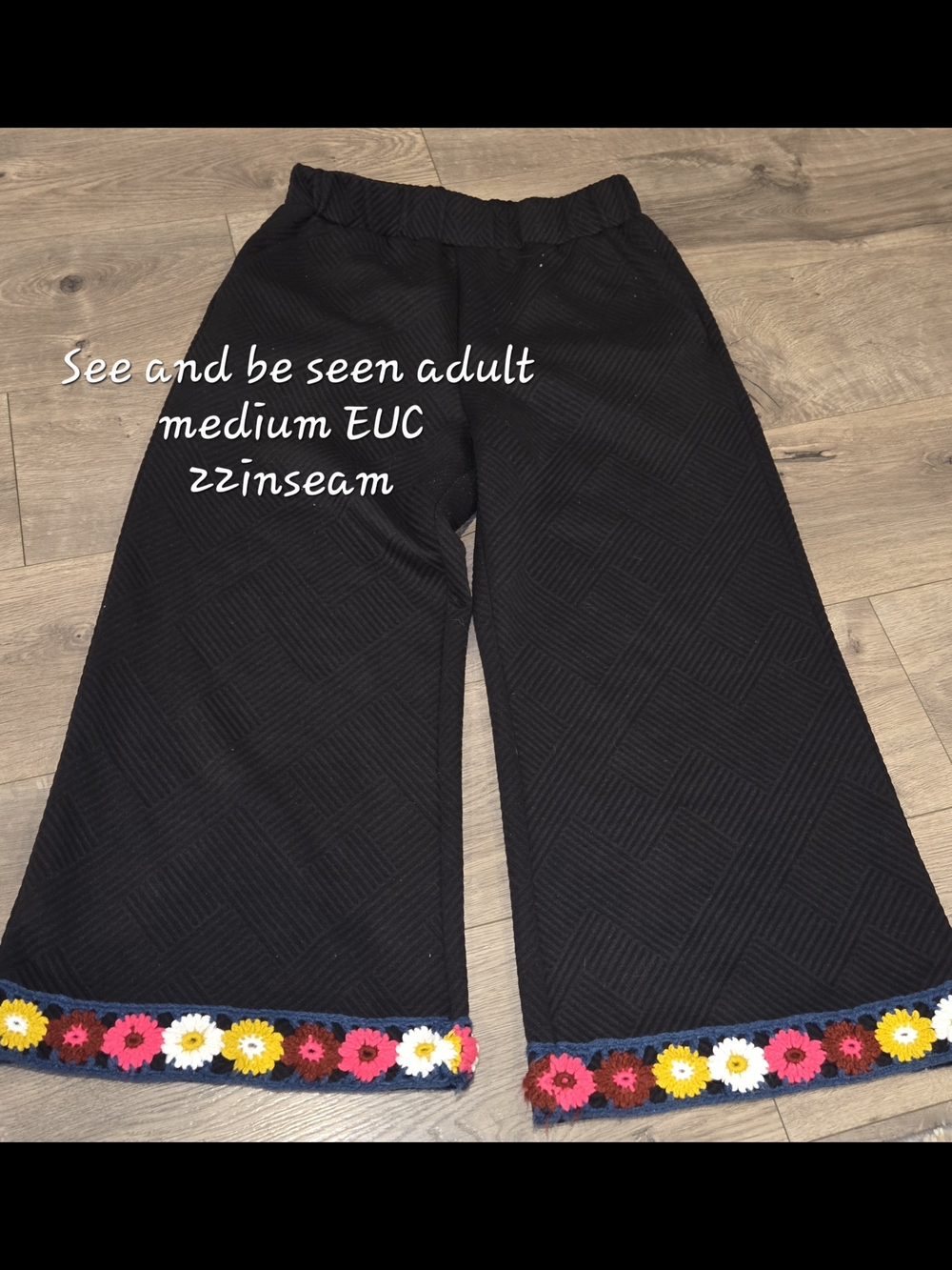 See and Be Seen Black Womens Wide-Leg Bottoms with Crochet Floral Trim